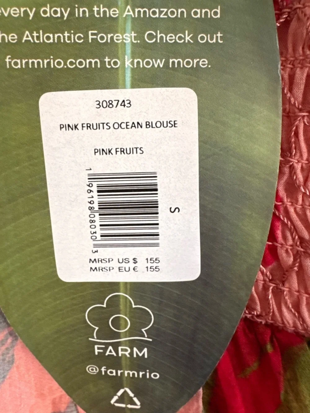 FARM Rio PINK FRUITS OCEAN BLOUSE Floral Smocked Puff-Sleeve Peplum Sz: Small
